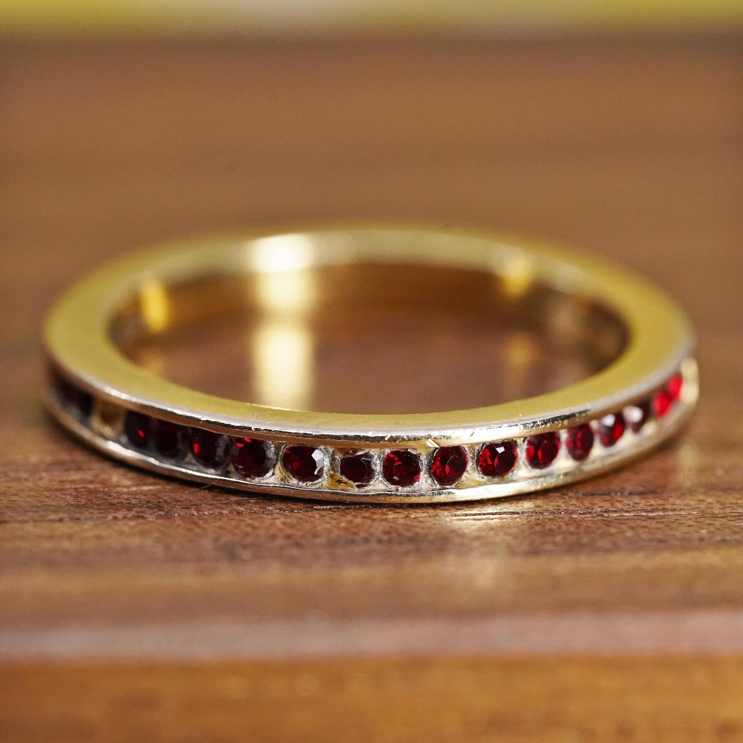Size 7.75, vermeil gold over Sterling silver ring, 925 stackable band red cz