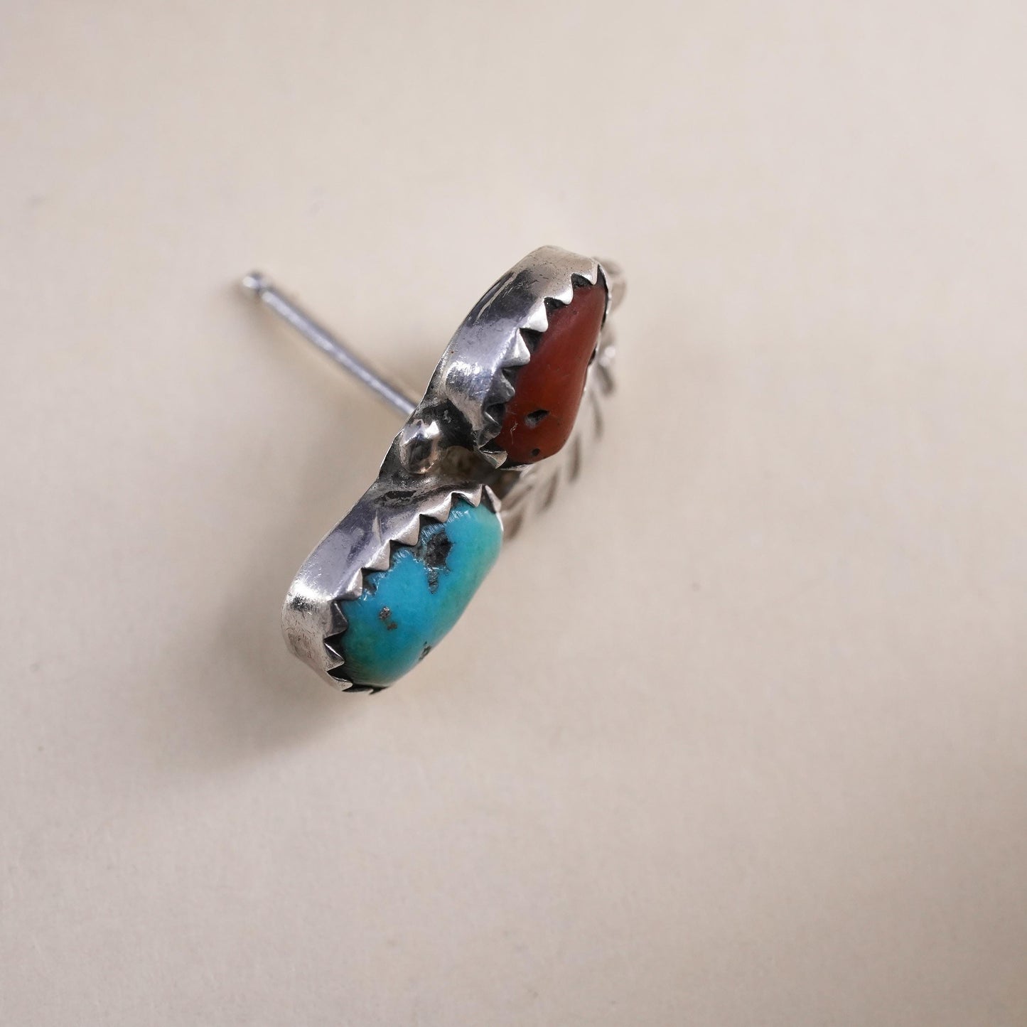 Native American Navajo single earring. Sterling 925 silver teardrop stud coral