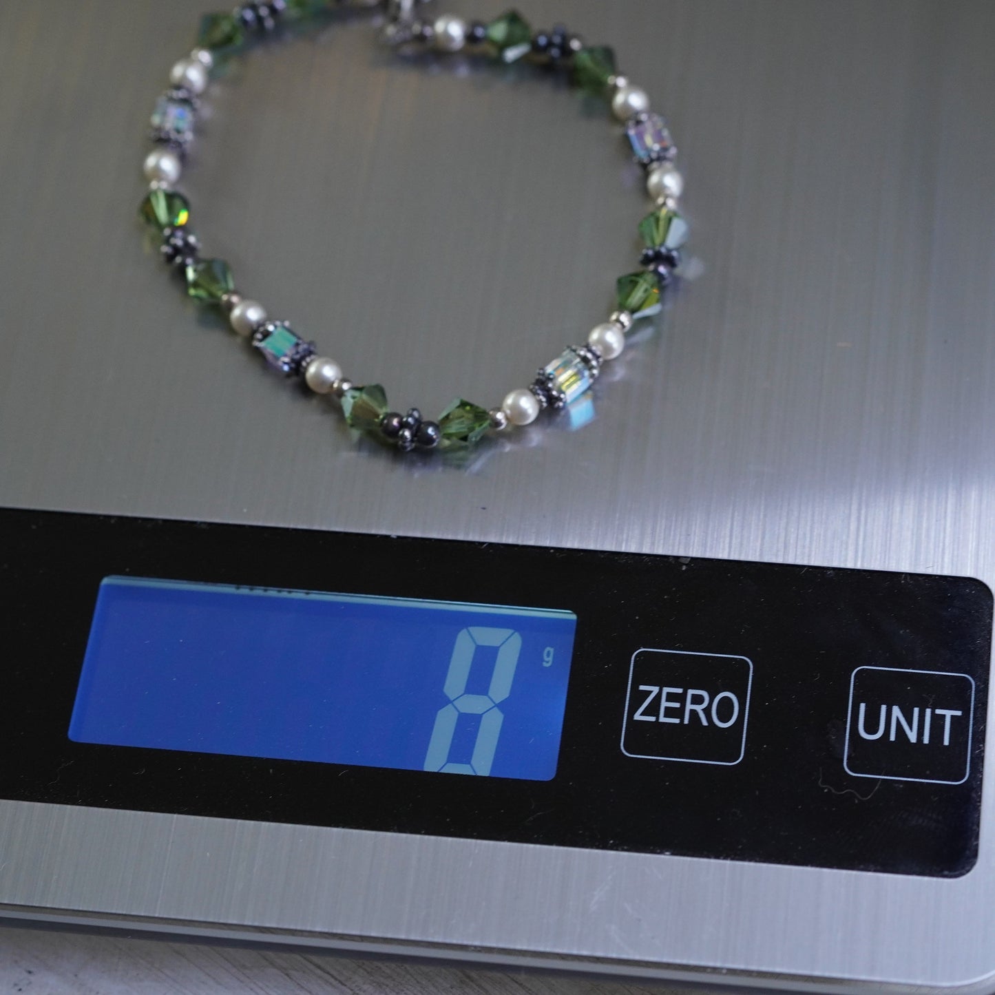 7.75”, Vintage Sterling silver handmade bracelet, green crystal beads bracelet