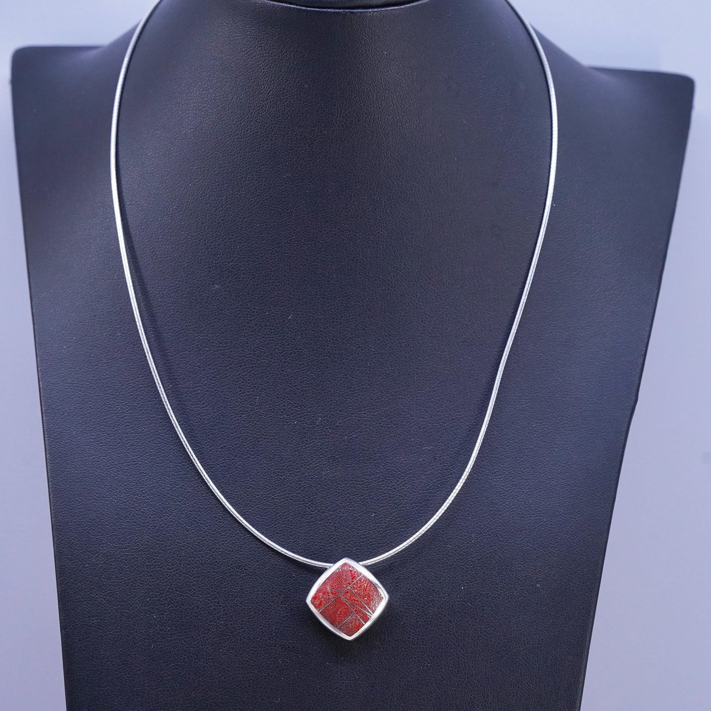 18”, Native American Sterling 925 silver snake necklace square pendant coral