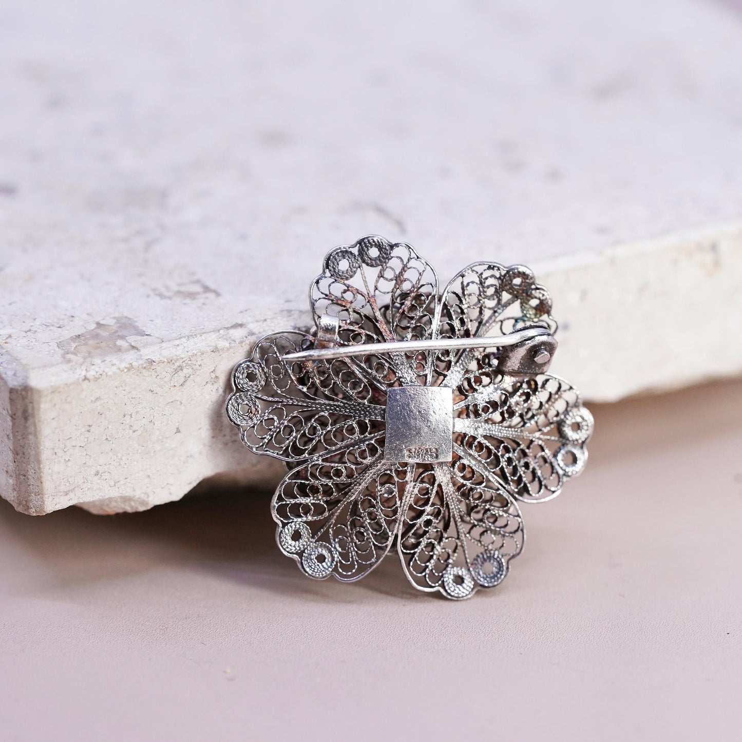 Vintage sterling silver handmade brooch, 925 filigree flower snowflake pin
