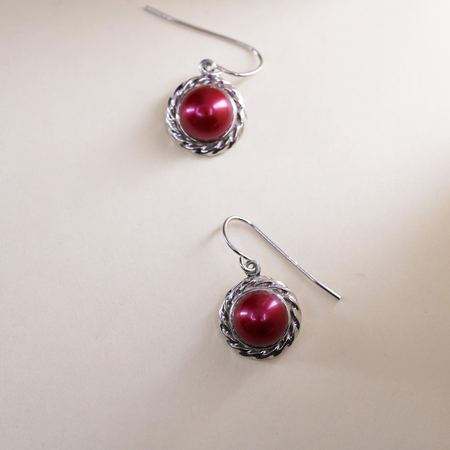 Vintage Sterling silver handmade earrings, 925 hooks with red pearl drops