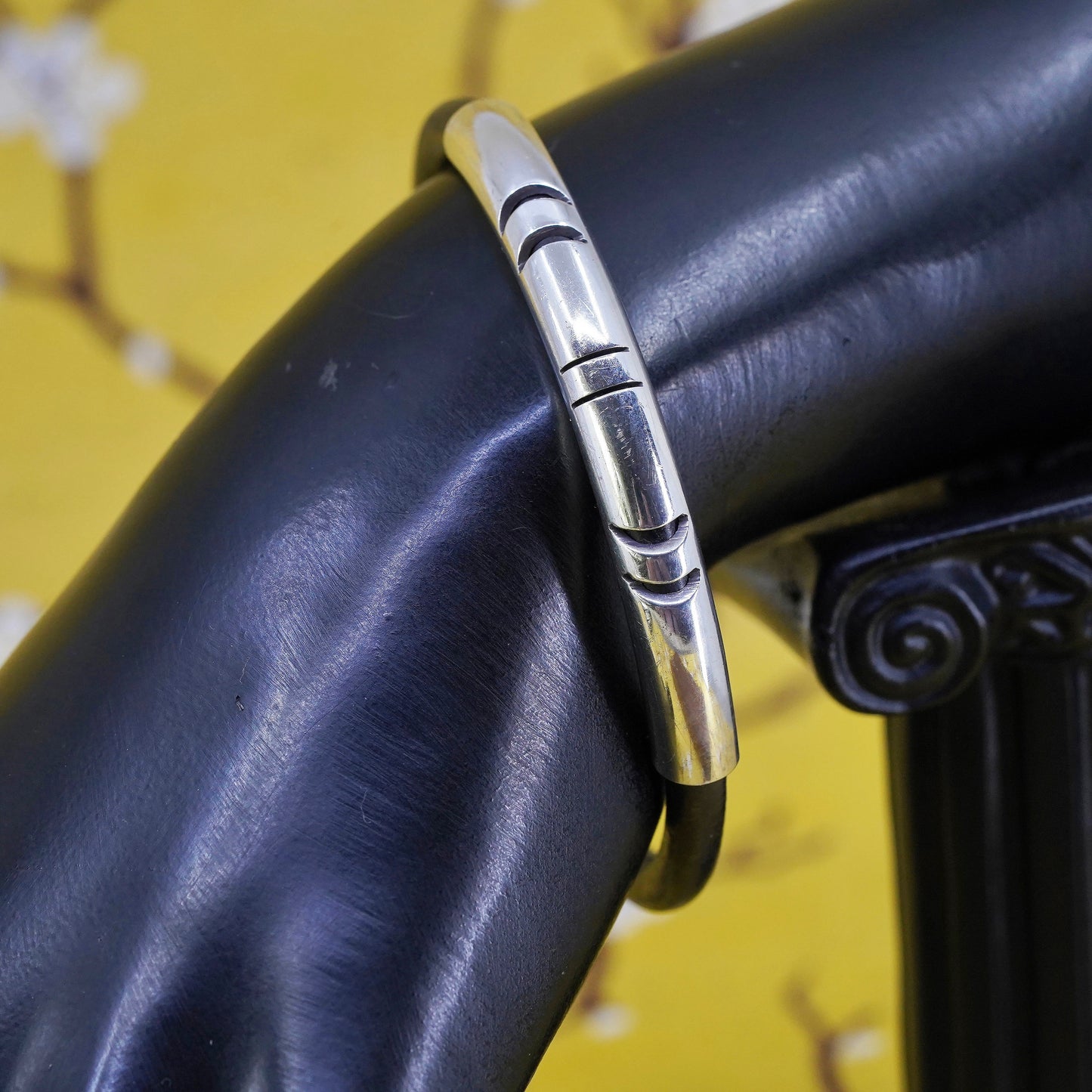 7.5", vintage Mexican black leather bangle with sterling 925 silver slide tube