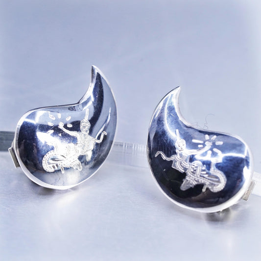 Vintage Siam sterling silver clip on earrings, 925 teardrop earrings, niello