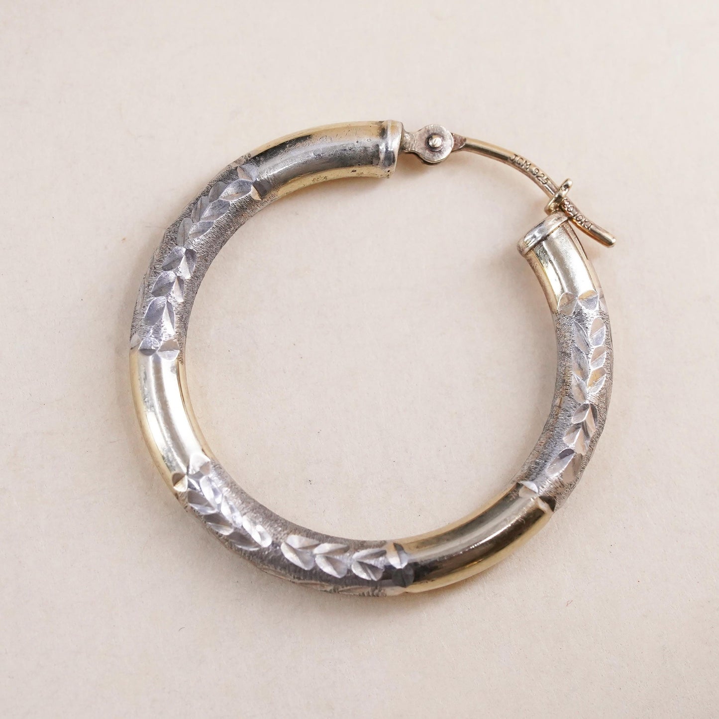 1", Vintage 1/20 10K yellow gold sterling silver single earring, textured hoop