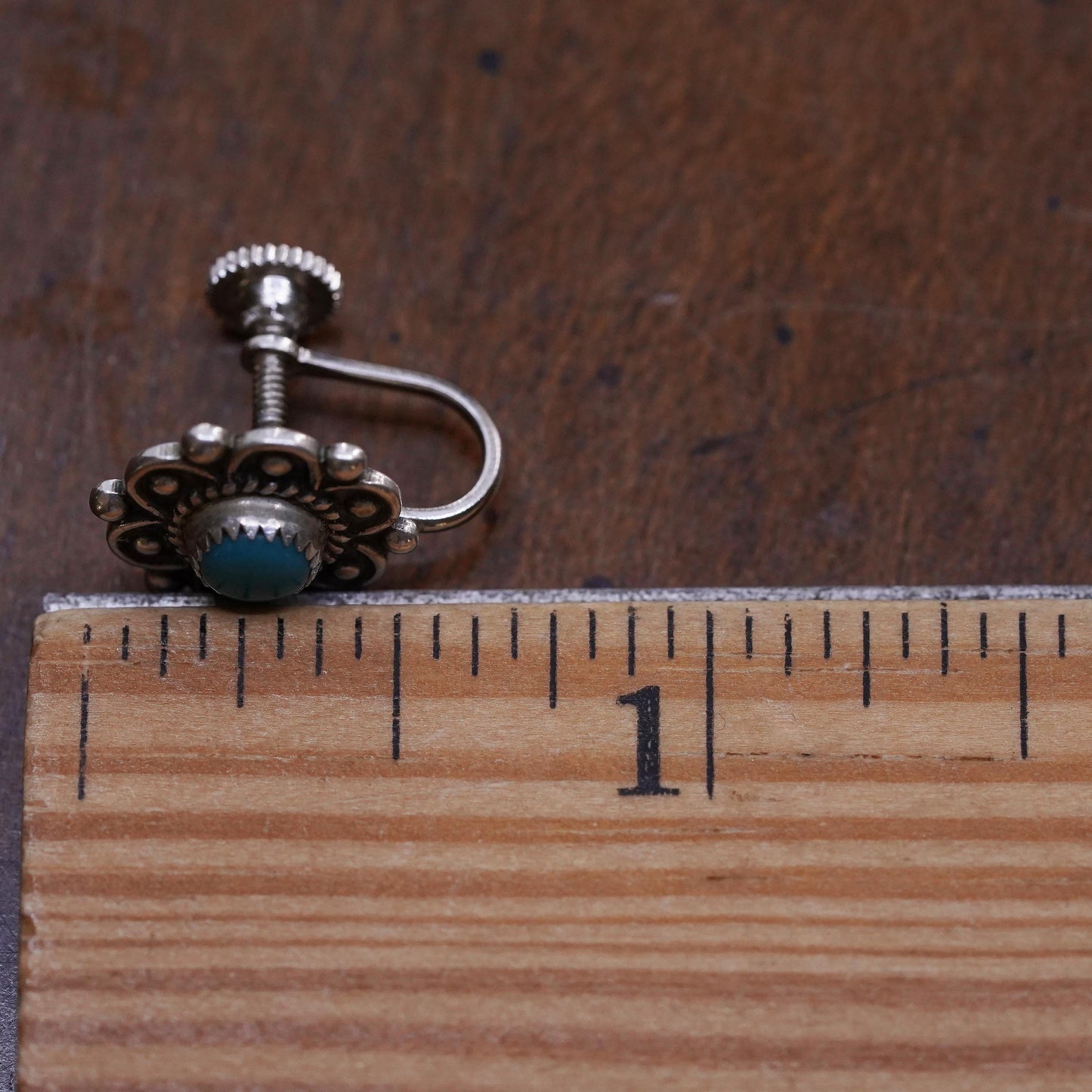 Vintage sterling silver single earring, 925 screw back flower with turquoise