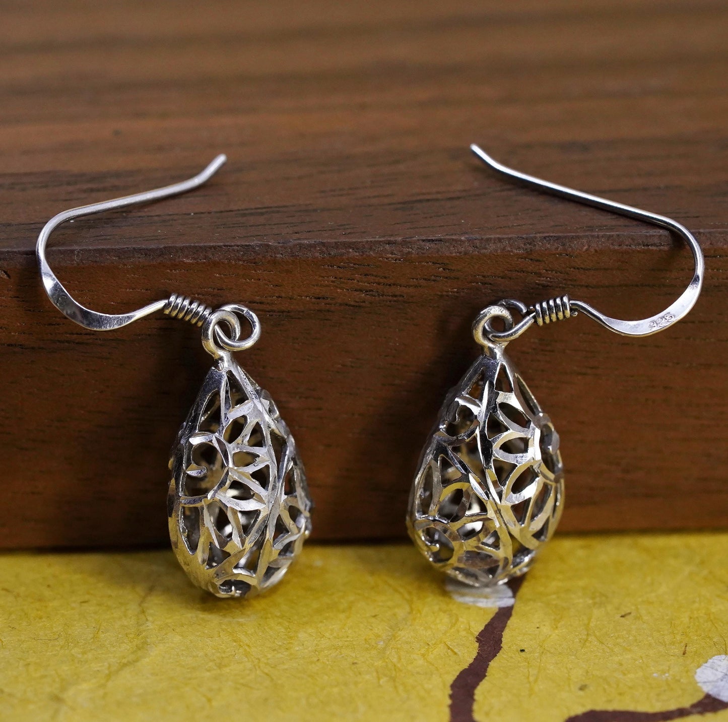 Vintage Sterling silver handmade earrings, 925 filigree teardrops