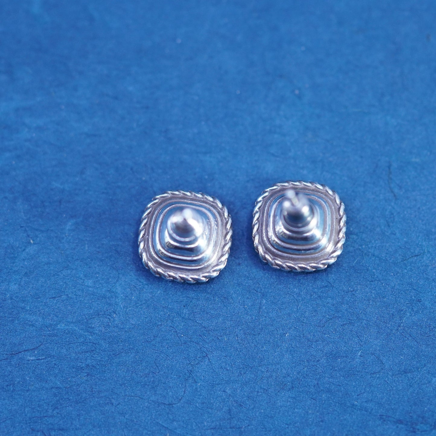 Vintage sterling silver handmade earrings, square 925 studs with CZ inlay