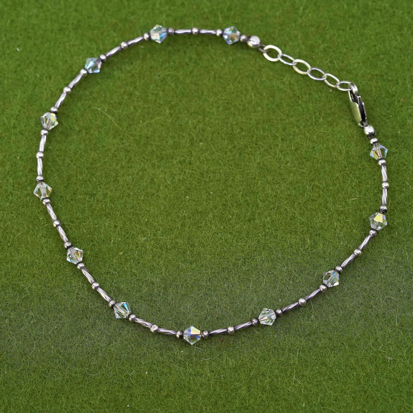 9", Vintage Handmade sterling silver anklet, 925 bar chain with crystal beads