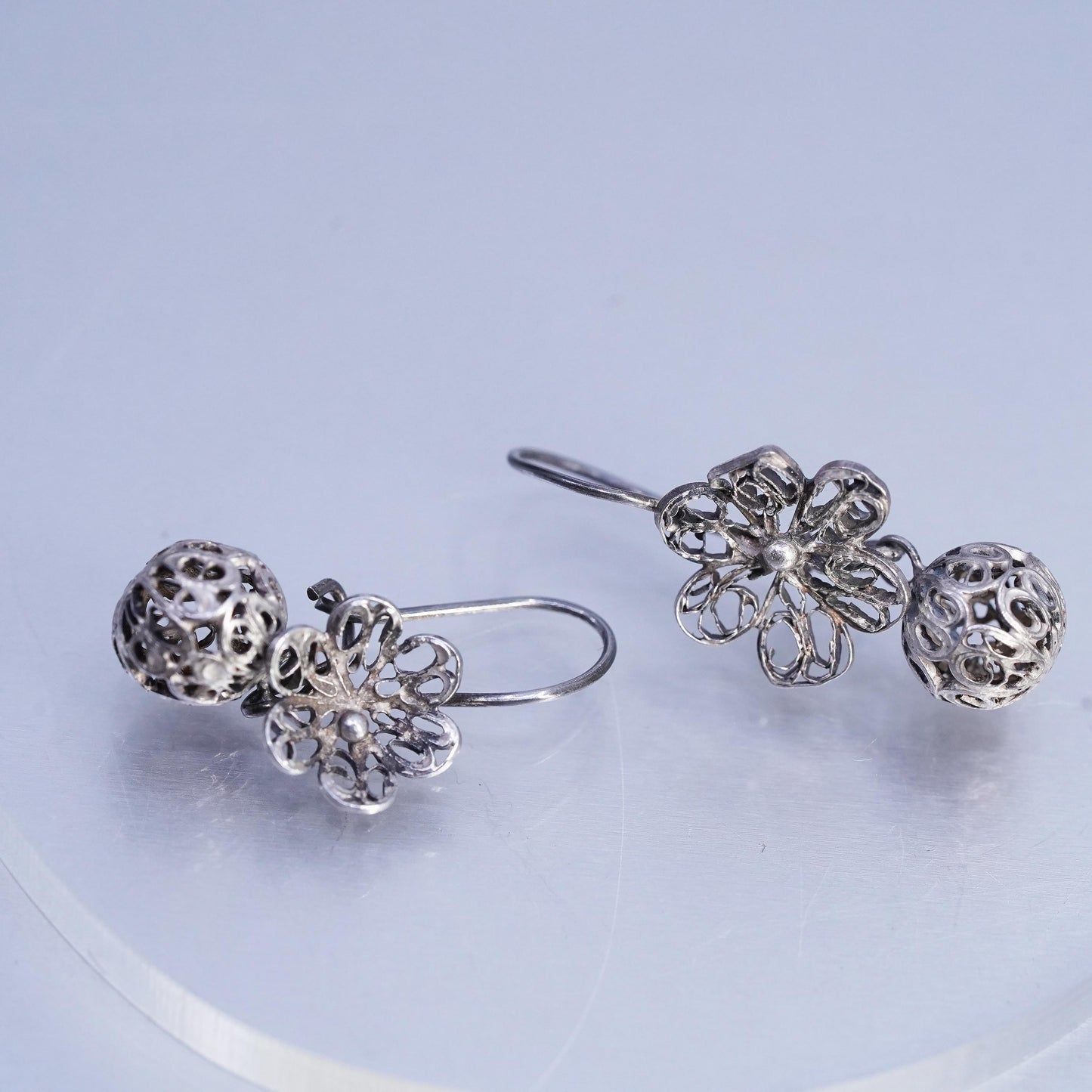 Vintage Sterling 925 silver handmade filigree flower and bead earrings