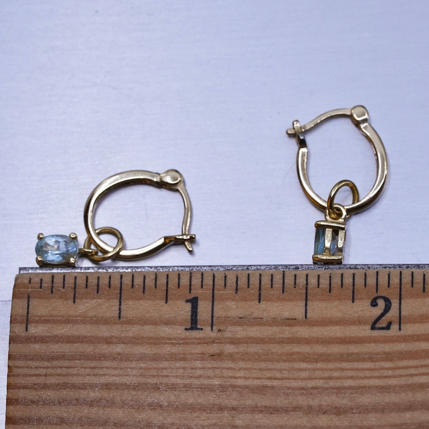 0.5”, vermeil gold sterling silver earrings, 925 hoops, huggie blue crystal