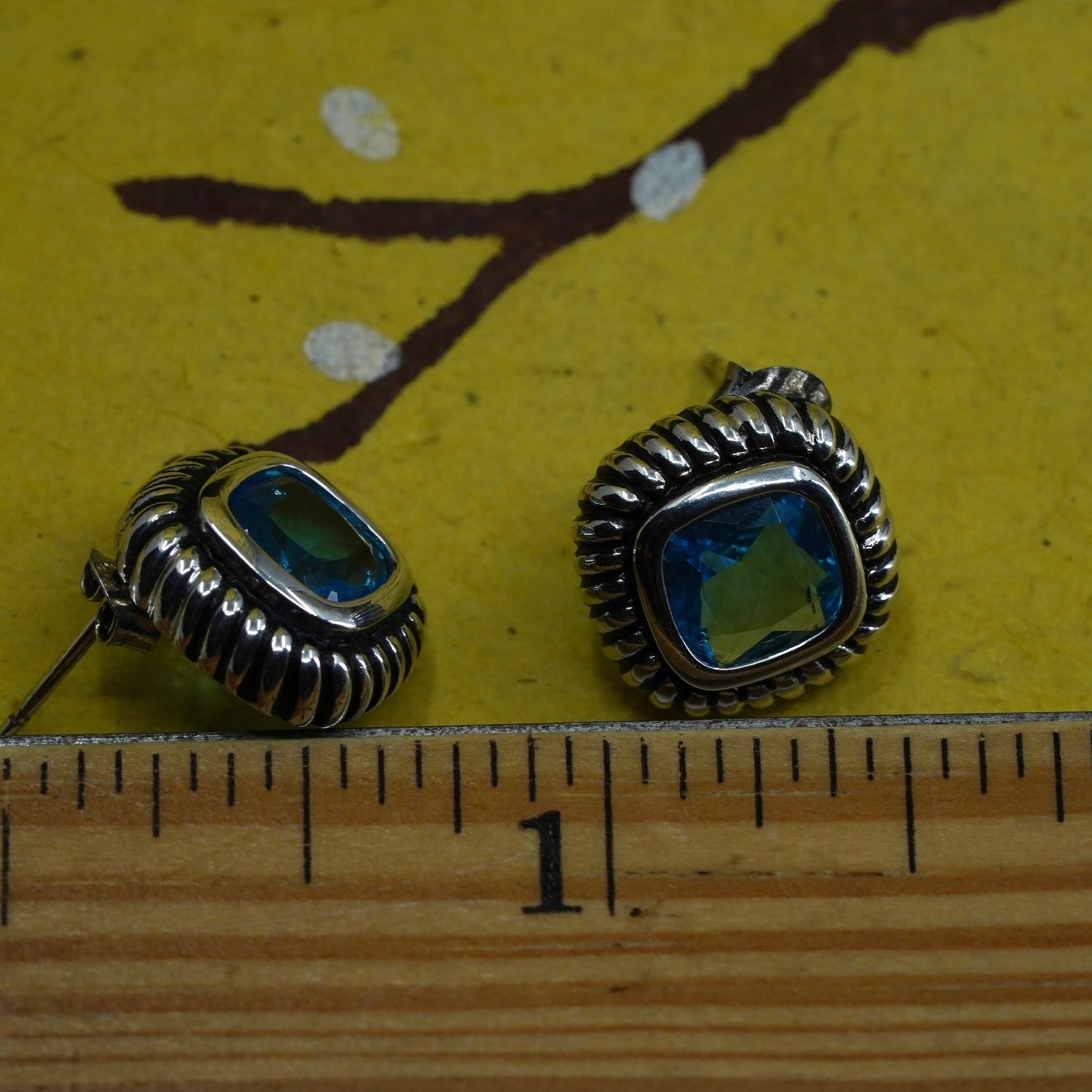 Vintage Sterling silver handmade earrings, 925 rubber studs with blue topaz