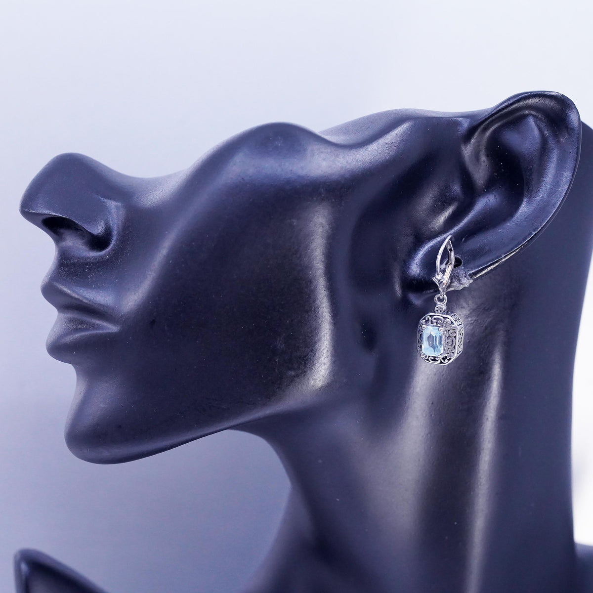 Sterling Silver Blue Topaz Earrings 925 Ornate Dangle Leverback Earrings