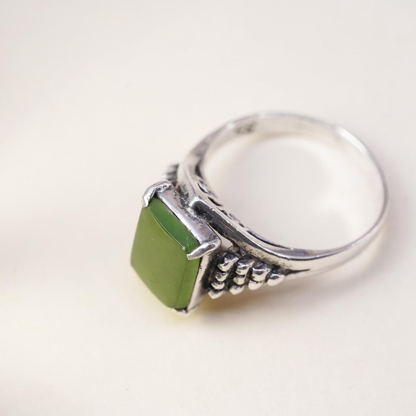 Size 6, Vintage handmade sterling silver statement ring with jade and beads