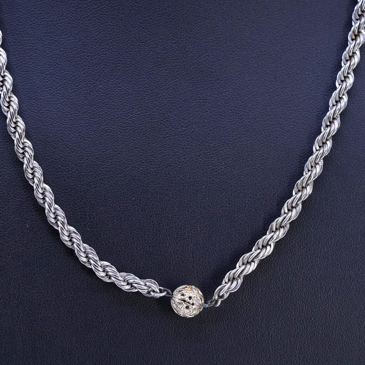 20" Italian Sterling 925 silver French rope necklace 14K gold filigree beads