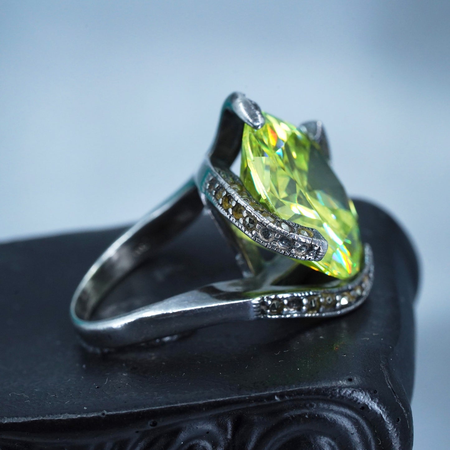 Size 6, Sterling 925 silver handmade statement ring w/ green crystal marcasite