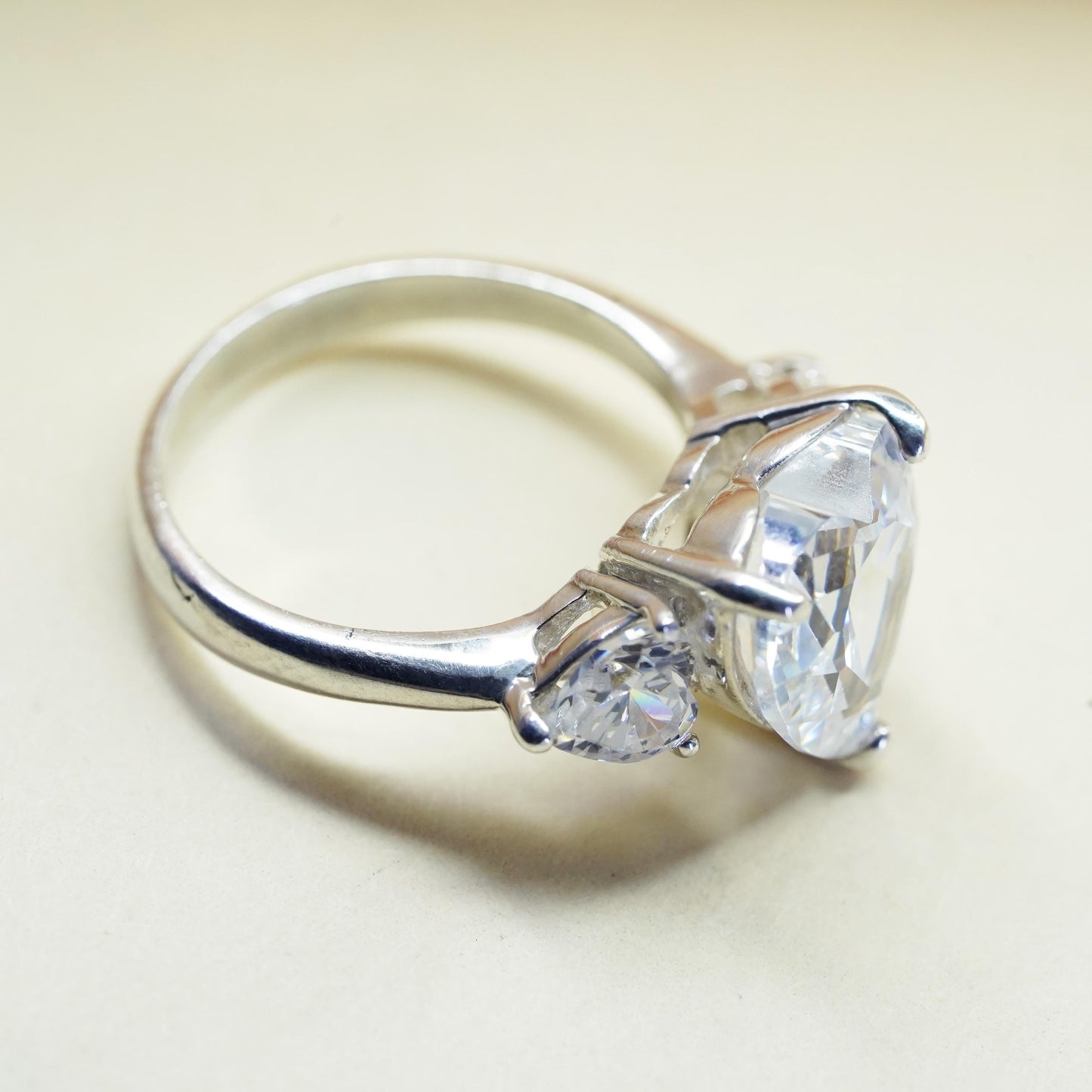 Size 5, Vintage sterling silver handmade ring, engagement ring with heart cz