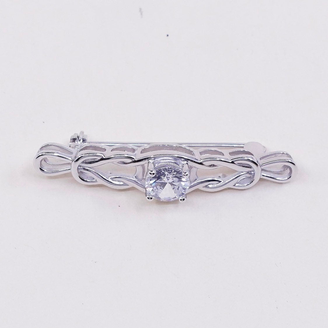 Vintage sterling silver handmade brooch, solid 925 silver entwined knot pin with Cz detail, simple, modern, stamped 925