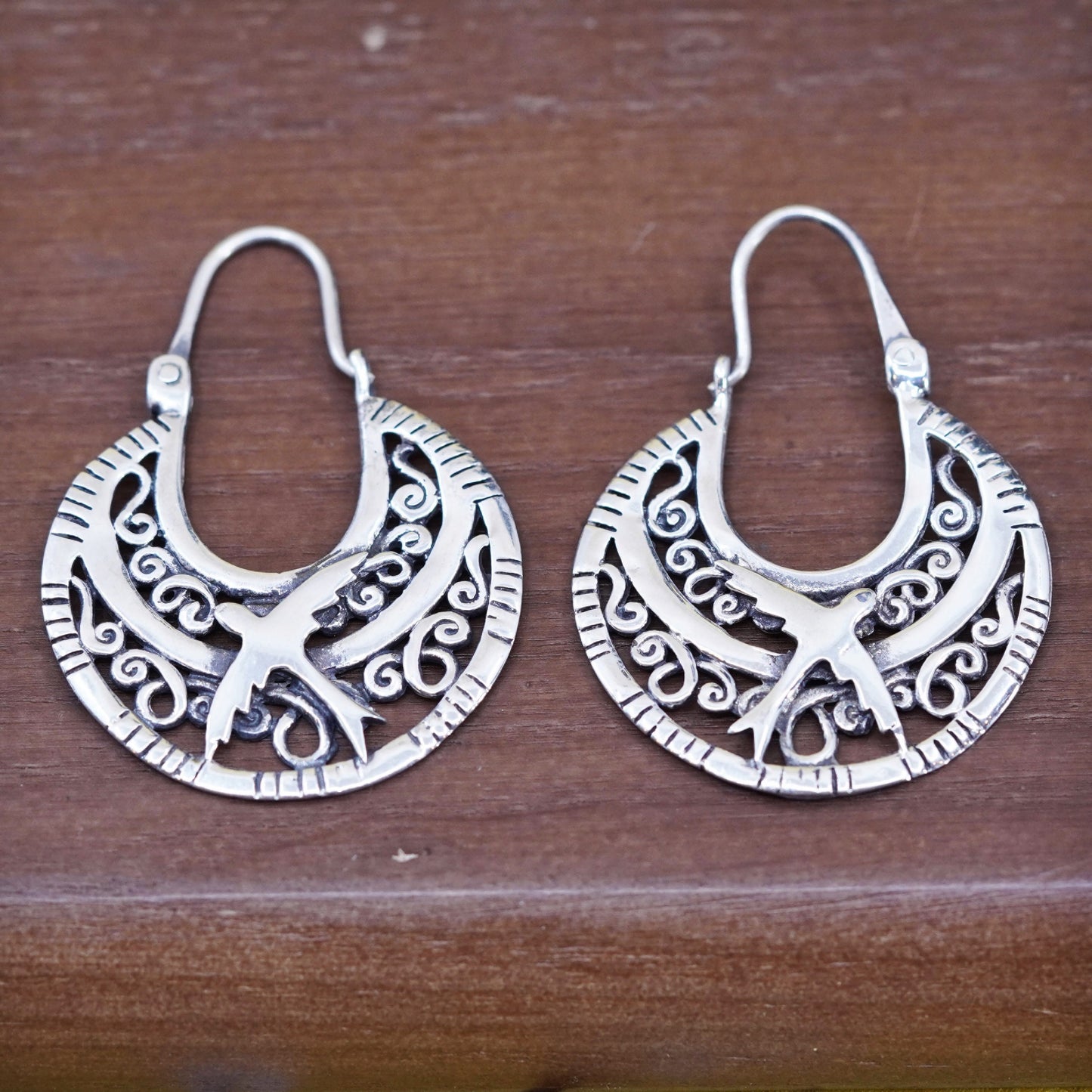1”, vintage Sterling silver filigree hoop earrings, 925 handmade huggie w/ bird
