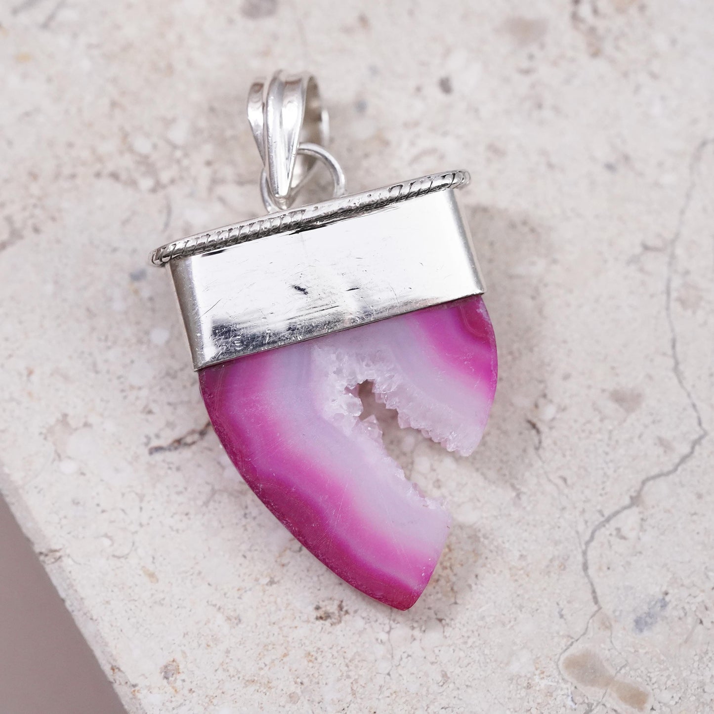 Vintage Sterling 925 silver handmade pendant with druzy pink agate