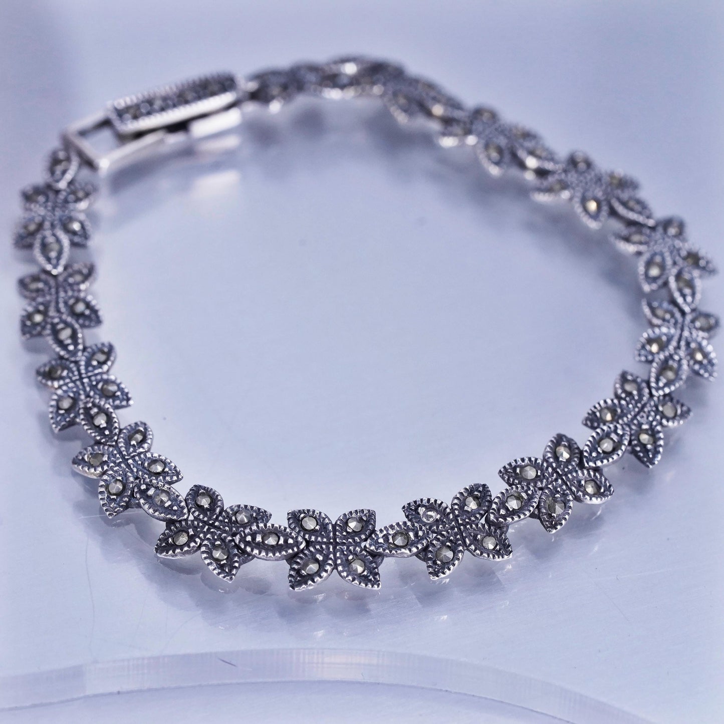 7.5”, VTG Sterling 925 silver handmade bracelet, marcasite floral tennis chain