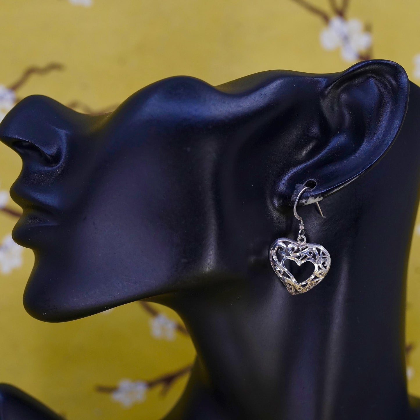Vintage Sterling silver handmade earrings, 925 filigree heart drops