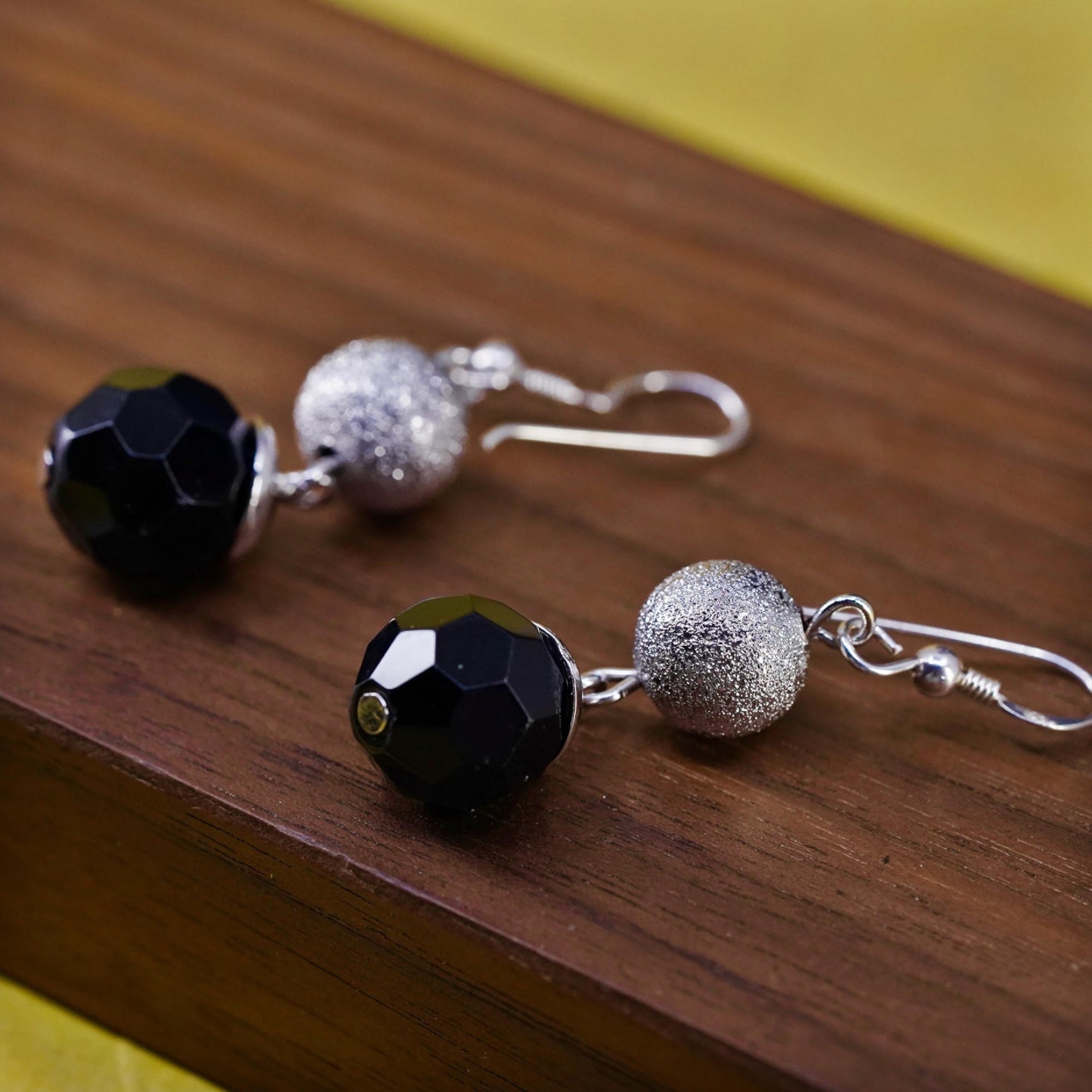 Vintage Sterling 925 silver handmade earrings with glitering onyx beads