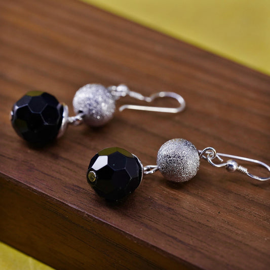 Vintage Sterling 925 silver handmade earrings with glitering onyx beads