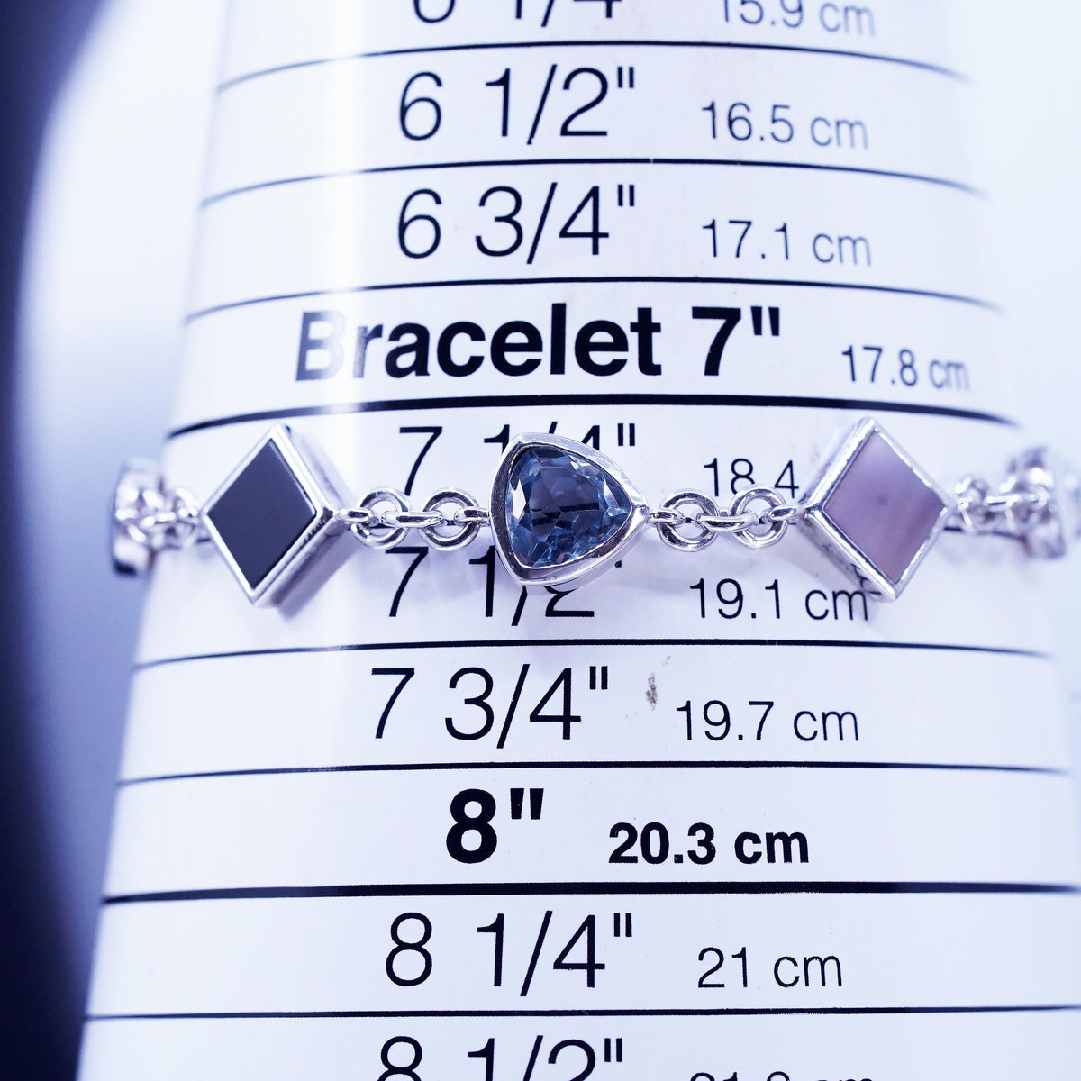 7.5”, sterling 925 silver inlay bracelet black onyx topaz pink mother of pearl
