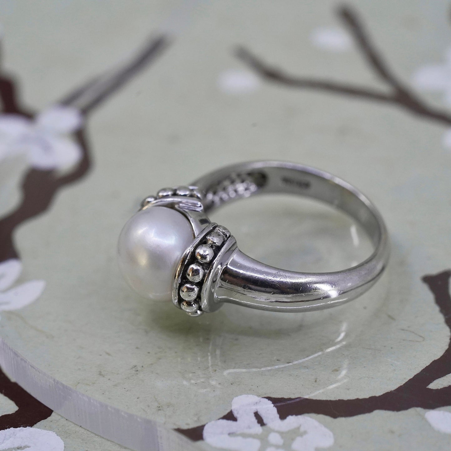 Size 7, Vintage sterling 925 silver handmade ring with pearl and beads