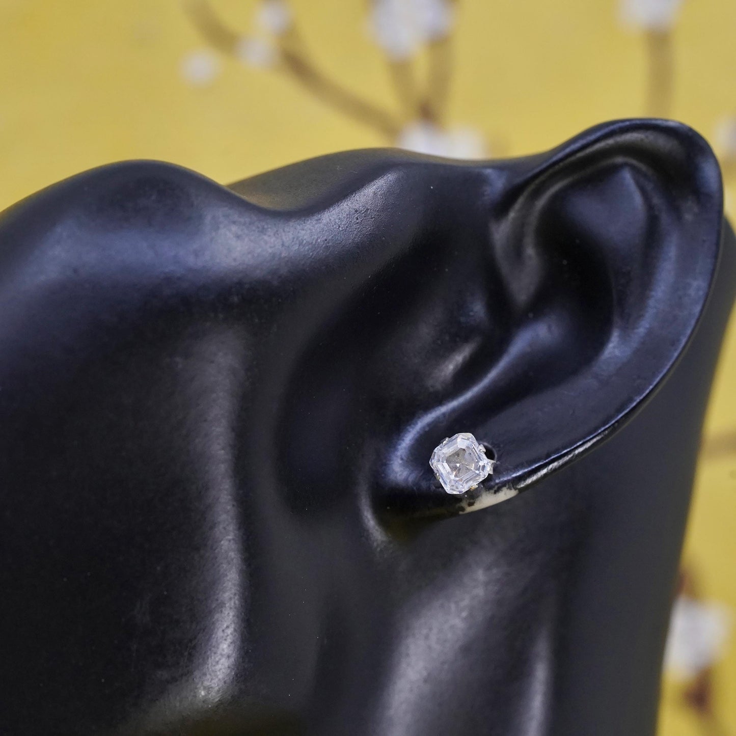 6mm, vintage Sterling silver clear square crystal studs, cz earrings