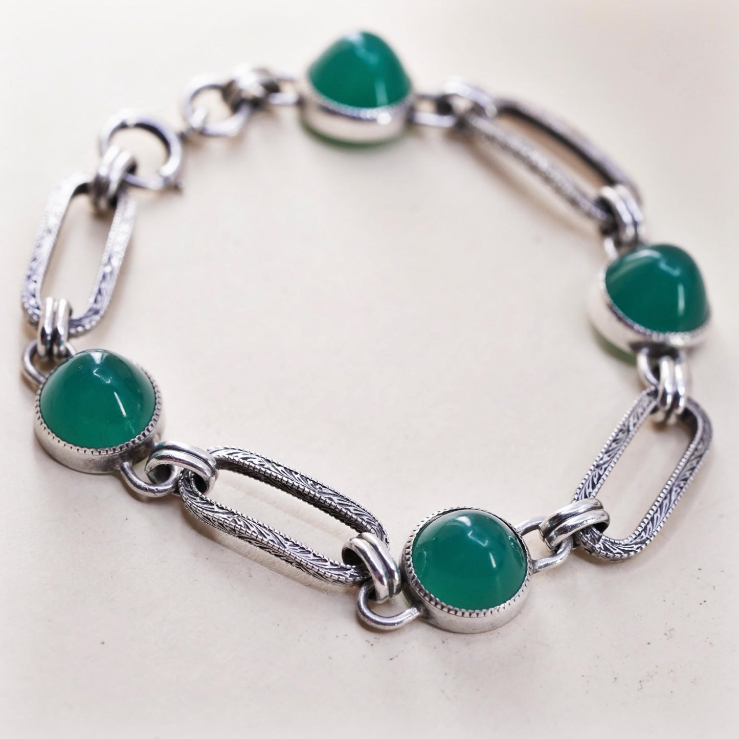 7.5”, vintage sterling 925 silver handmade textured long oval bracelet jade