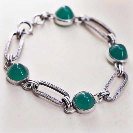 7.5”, vintage sterling 925 silver handmade textured long oval bracelet jade