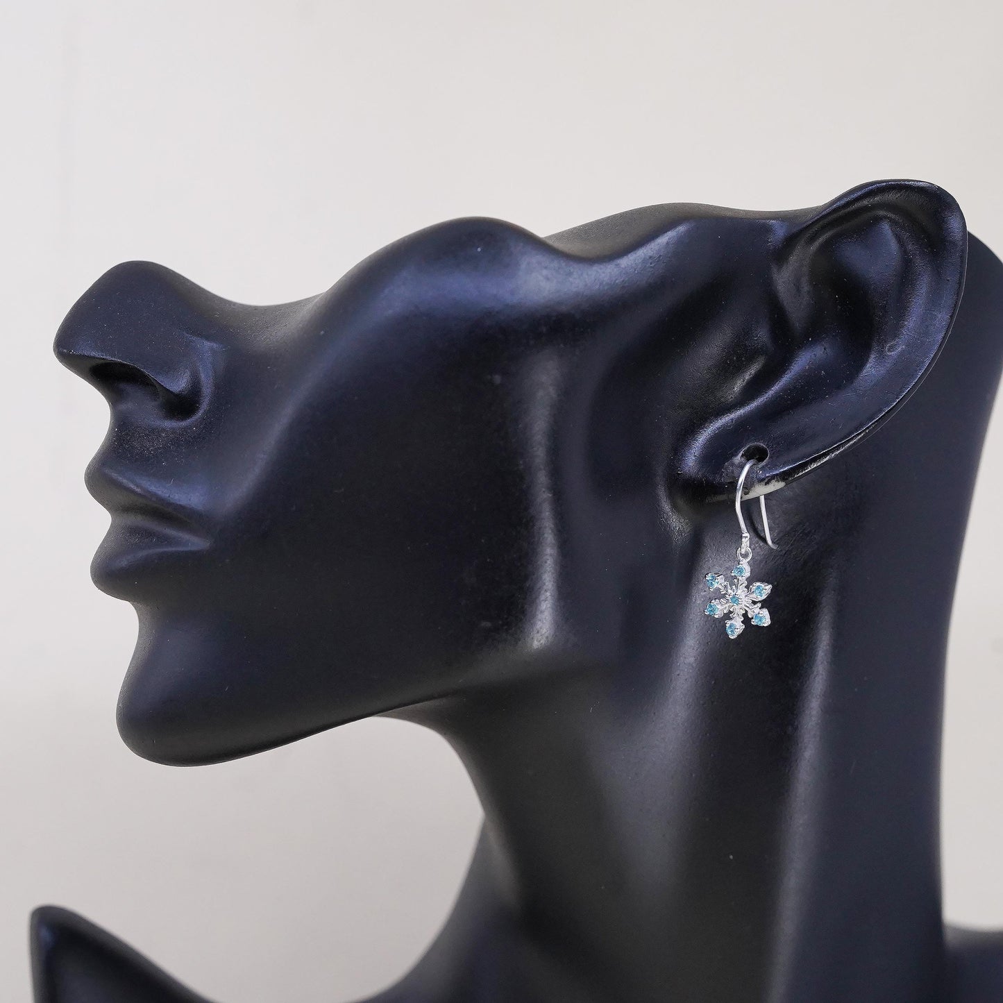 Vintage sterling silver handmade earrings, 925 snowflake drops with blue CZ