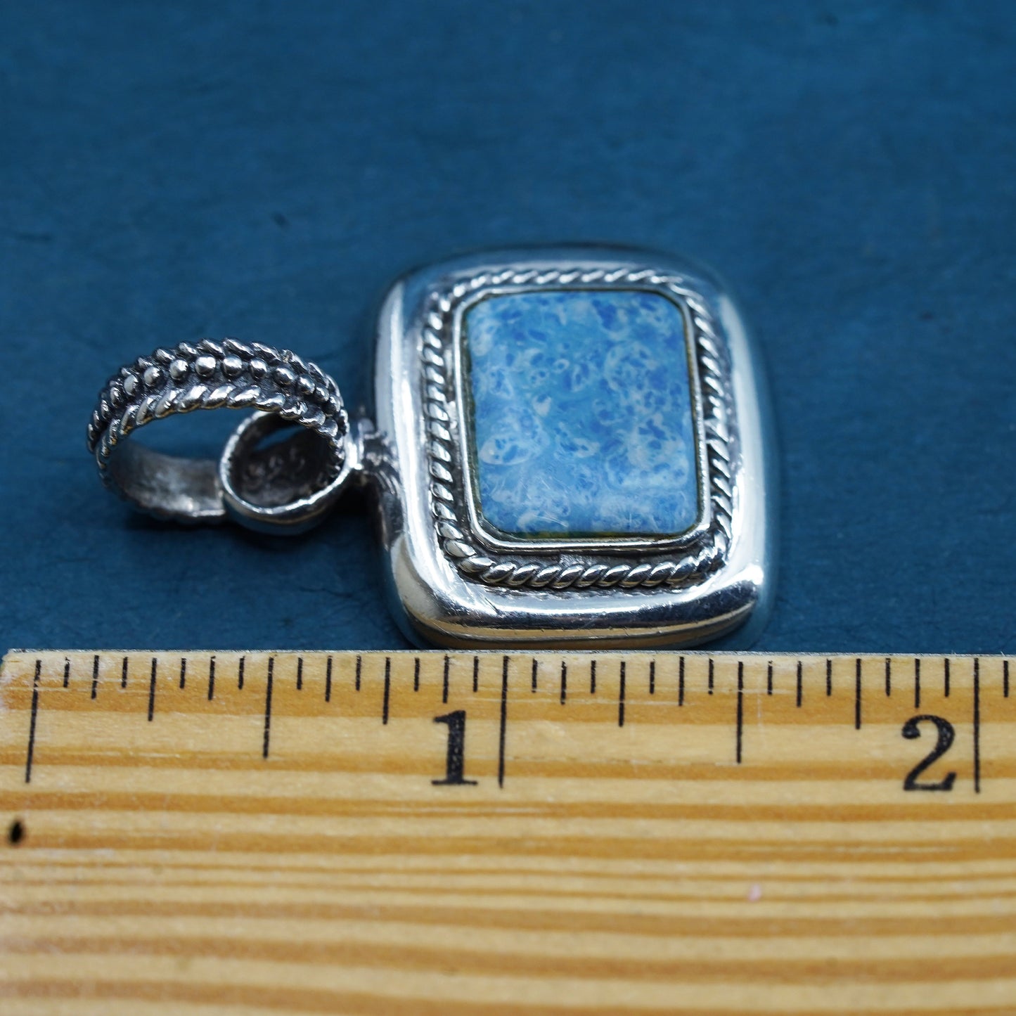 Sterling silver handmade pendant, 925 rectangular with denim lapis lazuli cable