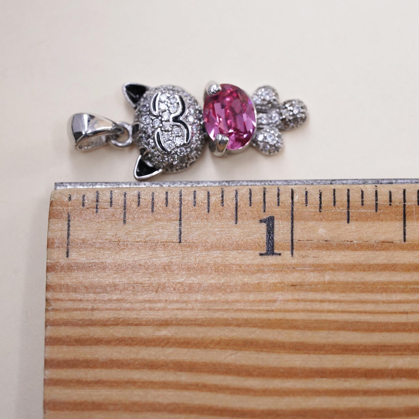 Nina Sterling 925 silver cat kittie birthstone pendant charm pink heart crystal