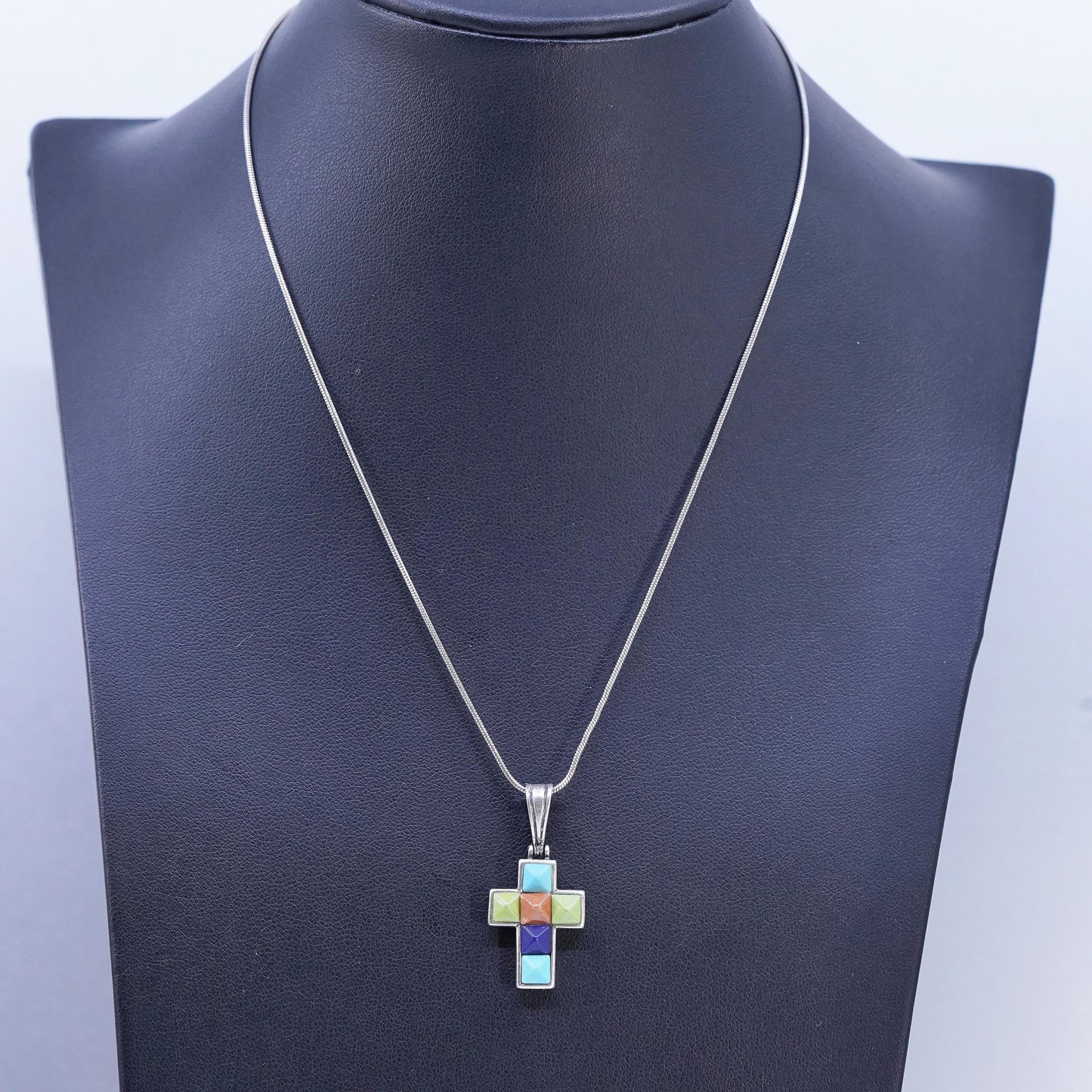 16", vintage Sterling 925 silver snake chain necklace turquoise cross pendant