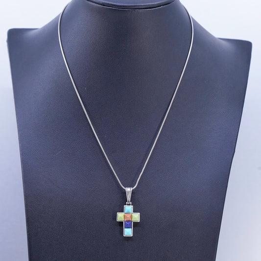16", vintage Sterling 925 silver snake chain necklace turquoise cross pendant