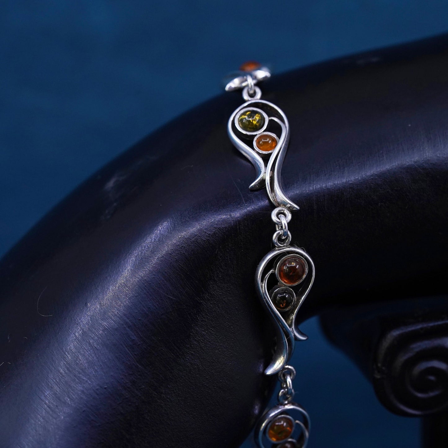 7”, vintage sterling 925 silver handmade bracelet with amber inlay