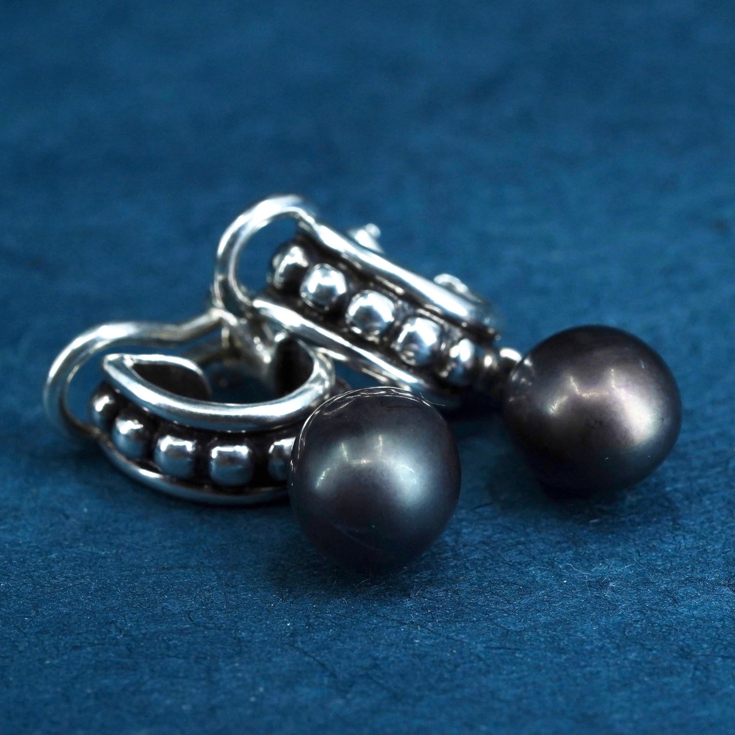 Vintage sterling silver 925 handmade clip on earrings with black pearl beads