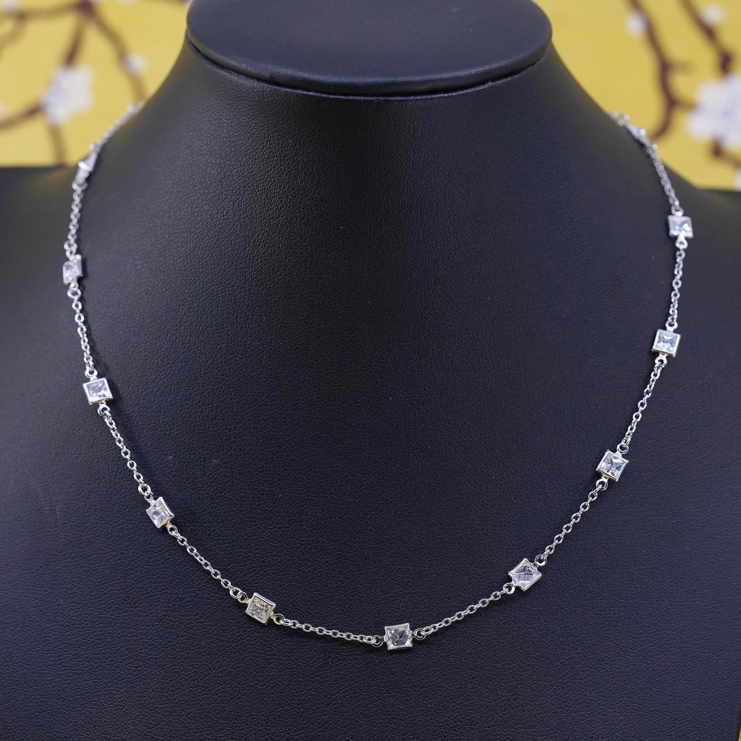 16”, vintage Sterling silver necklace, 925 circle chain with square Cz