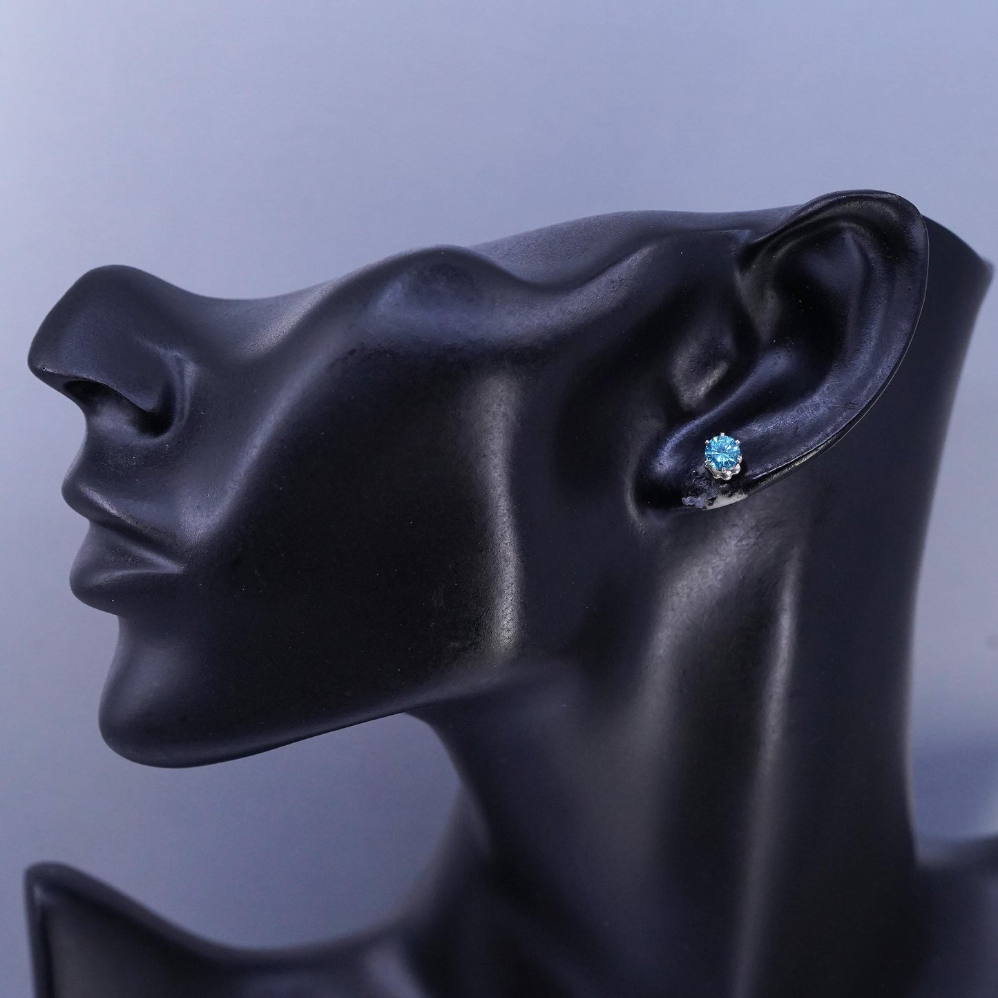 4mm, Vintage Sterling 925 silver handmade earrings, blue cz studs