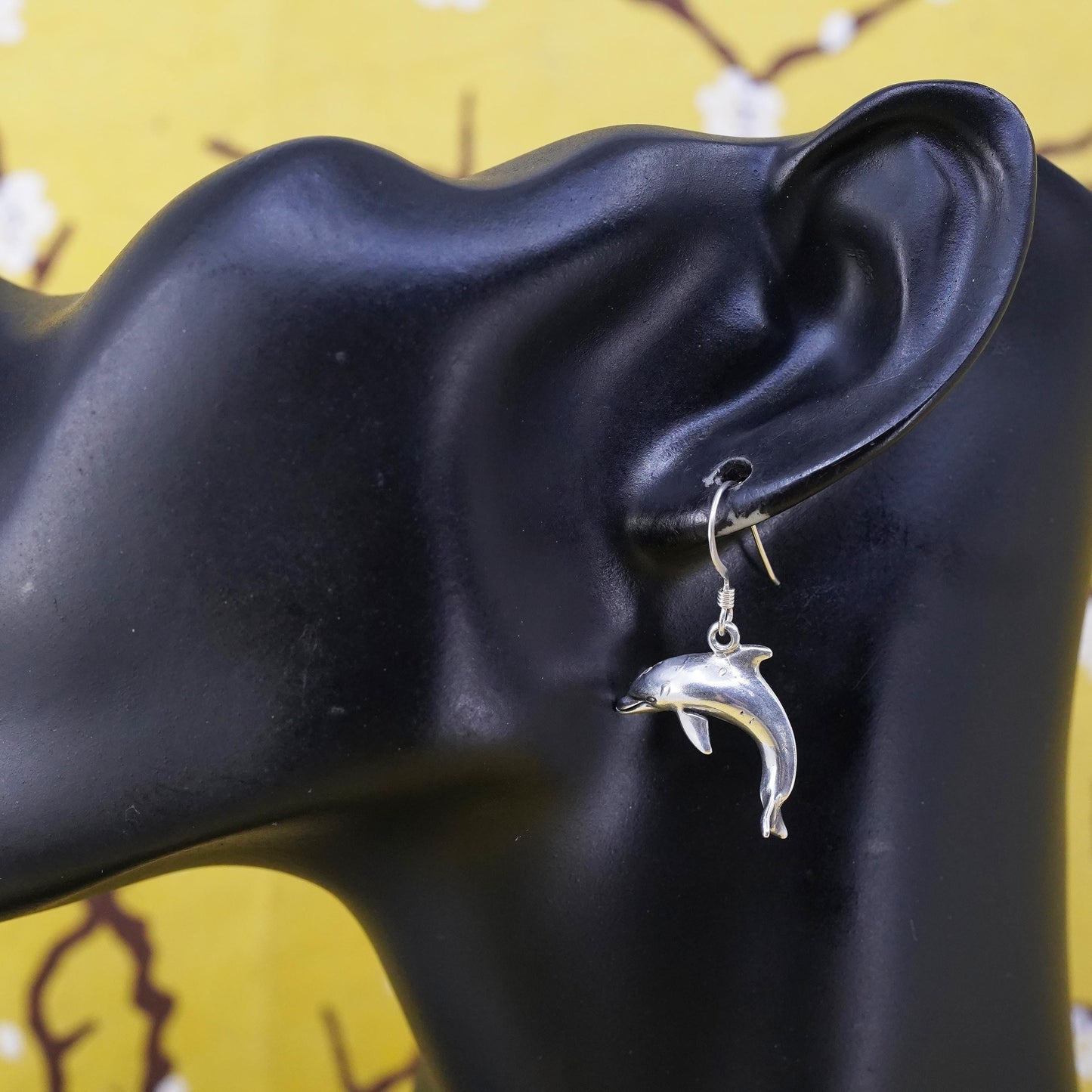 Vintage Sterling silver handmade earrings, 925 dolphin dangles