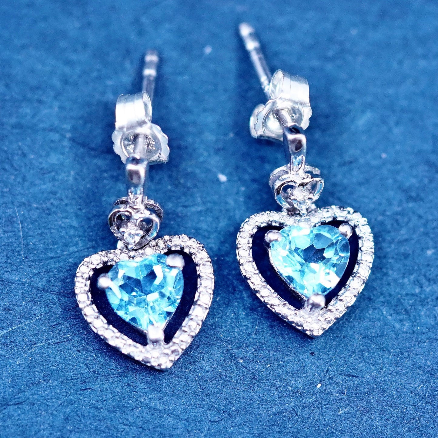 Vintage sterling 925 silver handmade heart earrings with blue topaz and cz