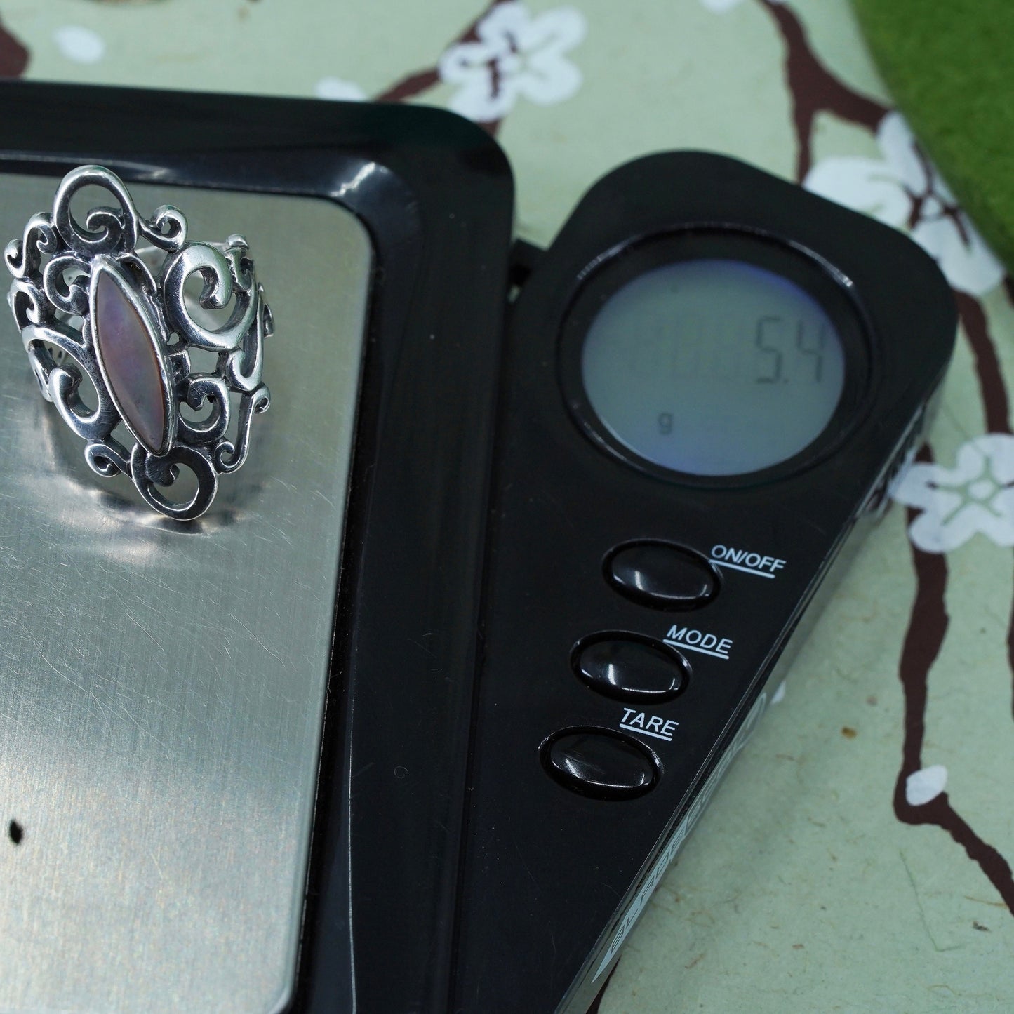 Size 4, southwestern sterling 925 silver handmade filigree band ring abalone