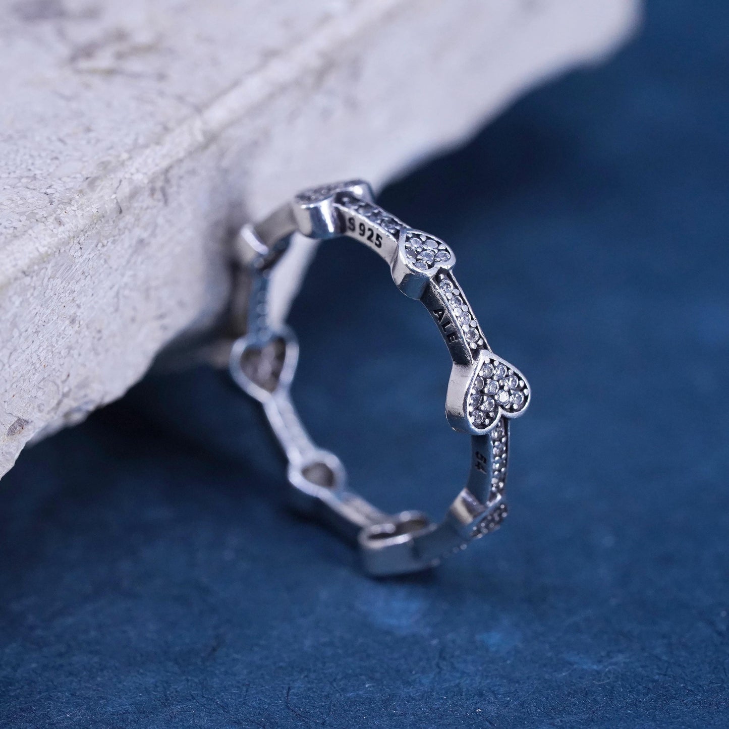 Size 7, vintage ALE Sterling 925 silver handmade heart ring with cz