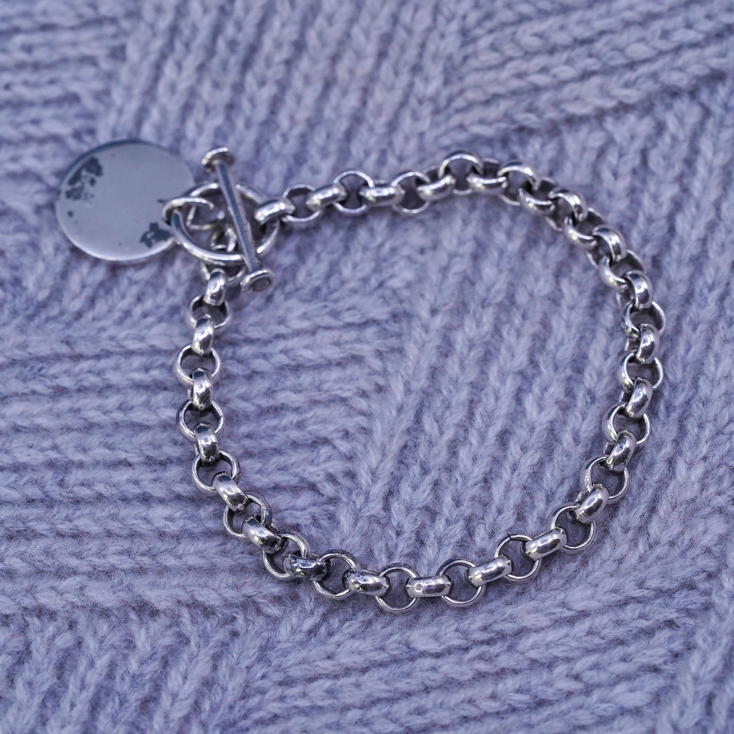 6.75", vintage Sterling silver bracelet, 925 bold circle chain circle tag charm