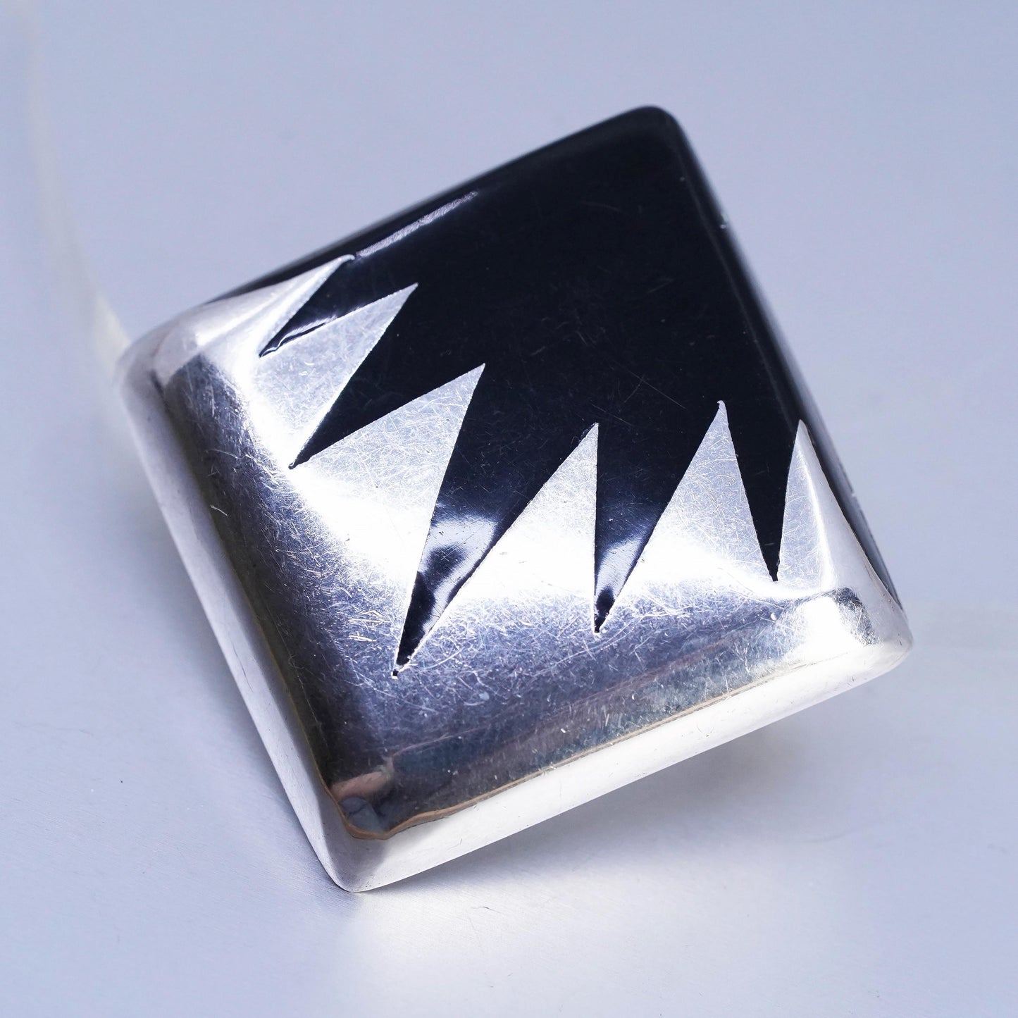 Vintage Mexican Sterling 925 silver handmade square brooch, pendant with onyx
