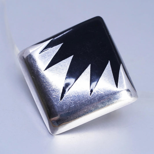Vintage Mexican Sterling 925 silver handmade square brooch, pendant with onyx