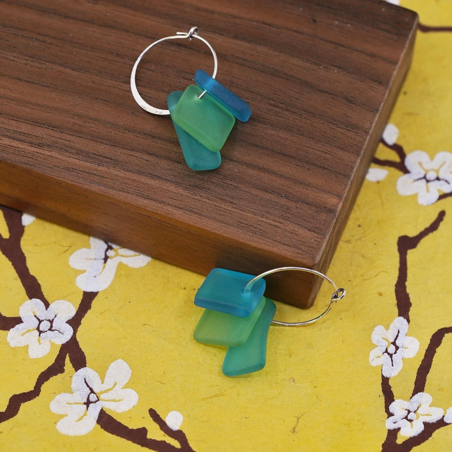 Vintage Sterling silver 925 handmade earrings with green sea washed glass
